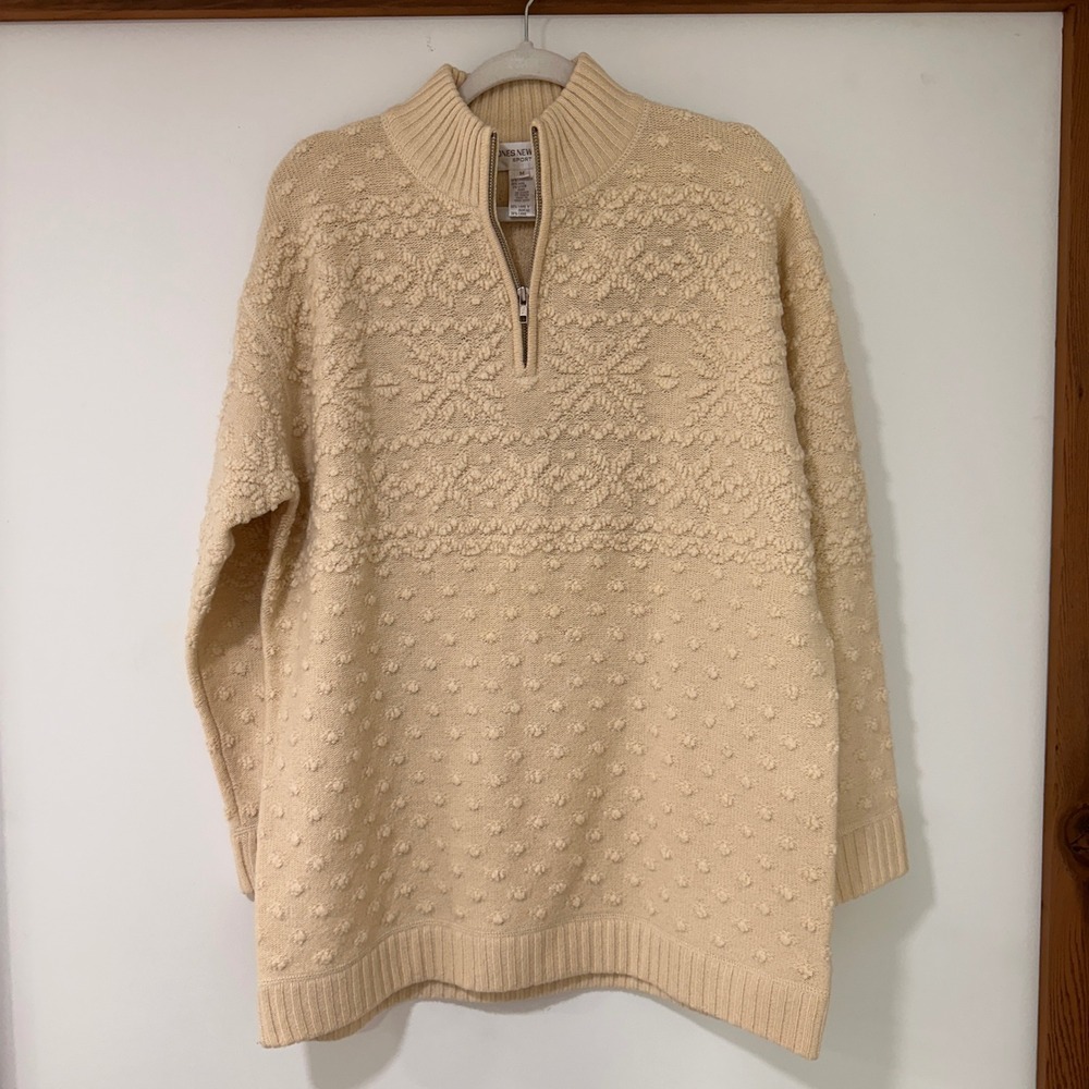 Jones New York Sport Lambswool Quarter Zip Mens M‎ Cream Popcorn Knit | Heritage